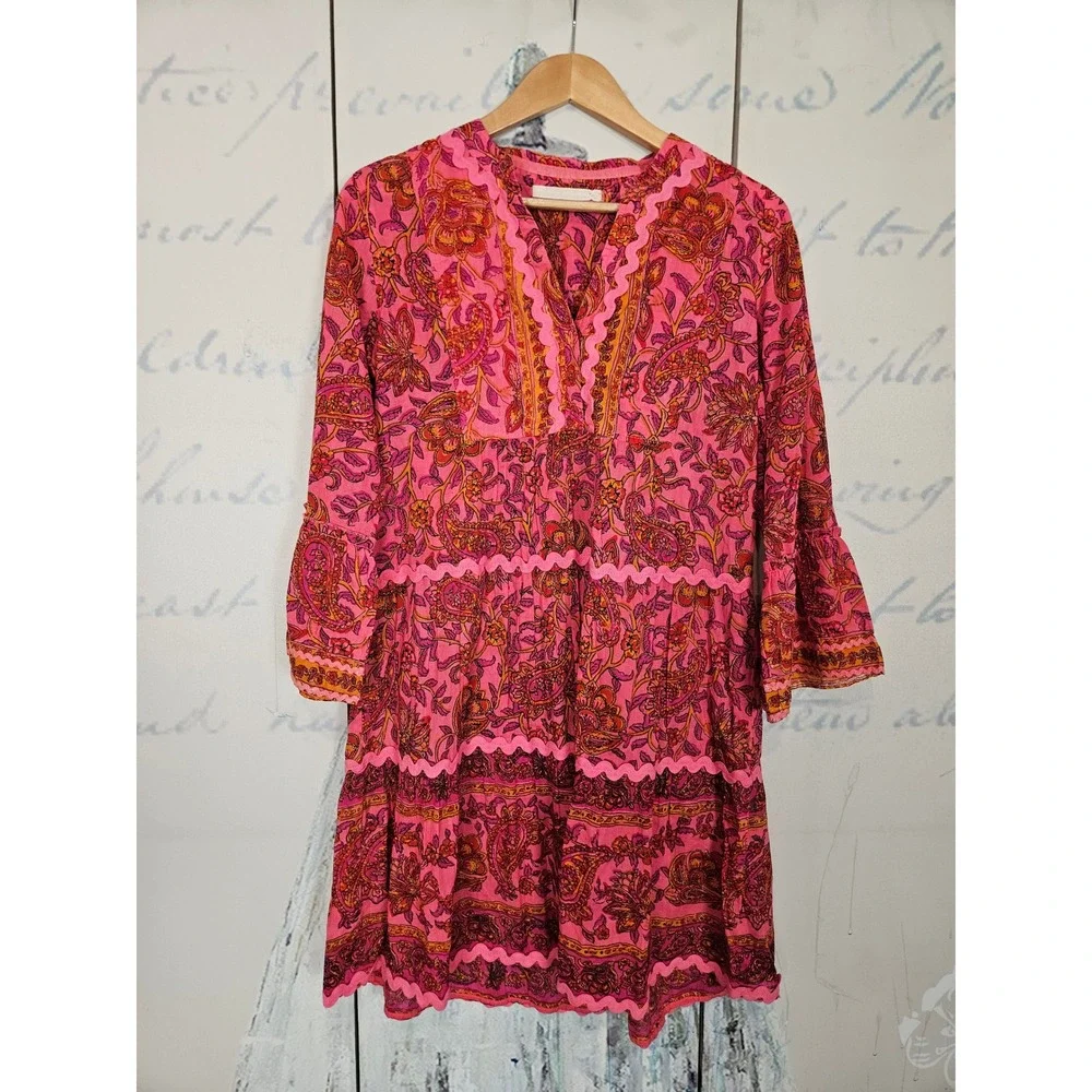 Lola Australia Tunic Dress Small Pink Paisley Tiered Ric Rac Bell Sleeve Boho